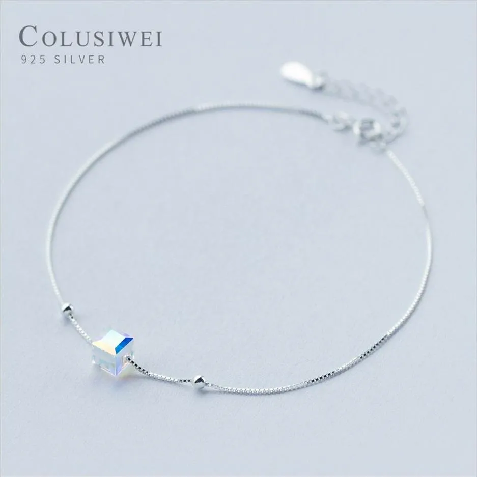 Colusiwei Genuine 925 Sterling Crystal Cube Silver Anklet for Women Charm Bracelet of Leg Ankle Foot Accessories Fashion248t