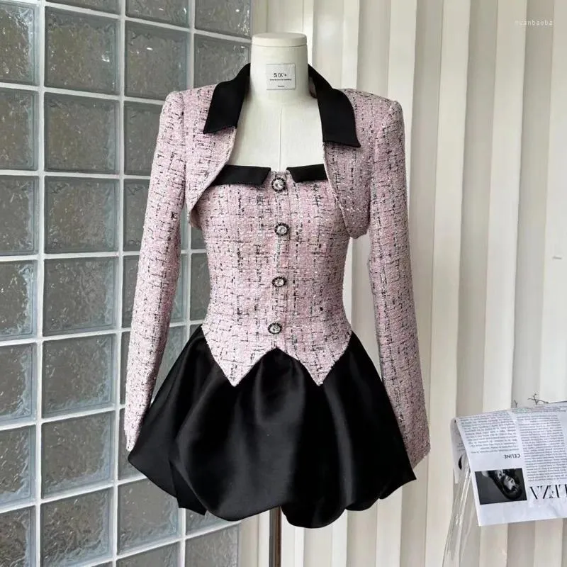 Abiti da lavoro moda piccolo fragranza tweed a due pezzi set autunno inverno giacca corta abito vestito coreano dolce 2 set da donna outfit