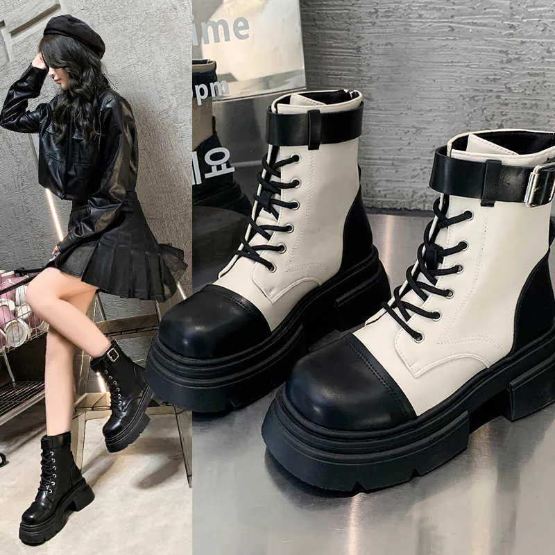 Thick Soled Color Matching Martin Boots for Women in Autumn and Winter New Thick Heeled Internet Celebrity Versatile Motorcycle Boots Korean Version Small
