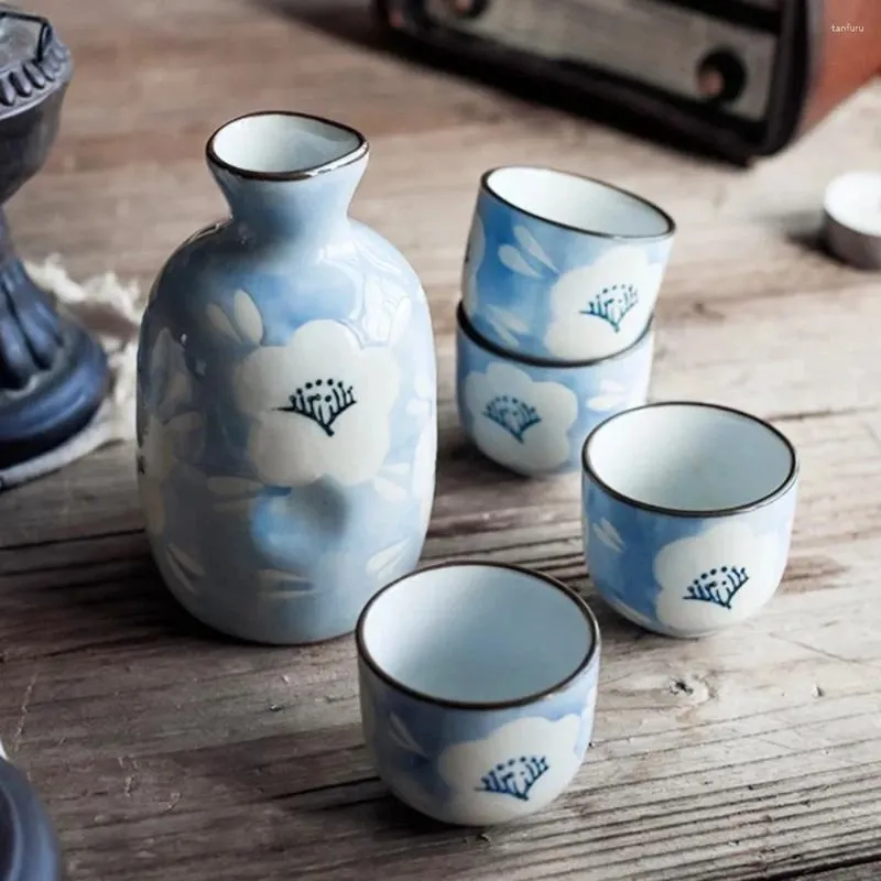 Hip Flasks Blue Flower Wine Set Japanese Sake With Drinking Cup Flagon Bar (1 Pot 4 Cups) Ceramic Liquor