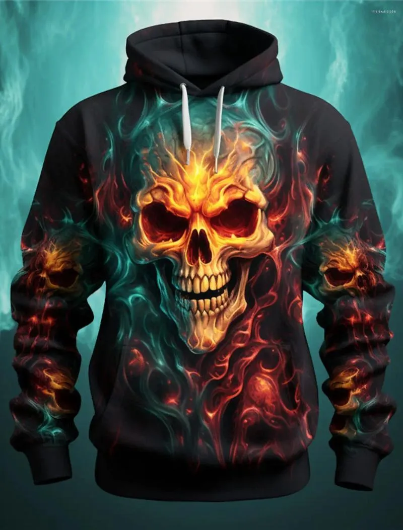 Men's Hoodies Graphic Flame Skull Fashion 3D Print Hoodie Long Sleeve Hooded Front Pocket Spring & Fall Sweatshirt