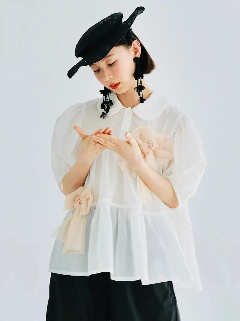 Koszule damskie Imakokoni Oryginalny projekt Lapel Biała koszula z krótkim rękawem LUSE