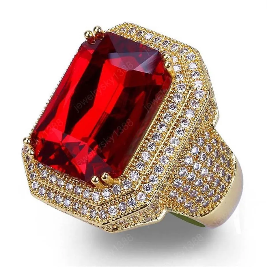 Желто -золотое покрытие с алмазным бриллиантом Big Ruby Ring Men Men Hip Hop Jewelry Bling Cz Stone Hiphop Gold Rings Mens Wedding Jewelly254h