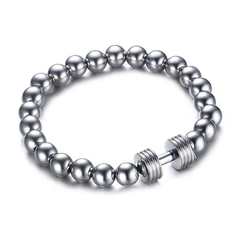 Pulseira de charme de haltera de aço inoxidável de aço inoxidável com miçangas de 8 mm de jóias de jóias de fitness de 8 mm Gym241x