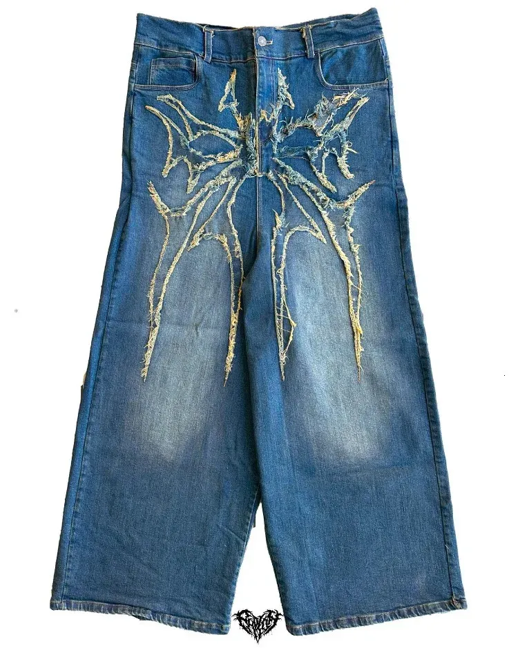 American High Street Dark Patch Jeans Men Y2k Street Goth Harajuku Fashion Ligne droite Jeans larges de pied large 231222