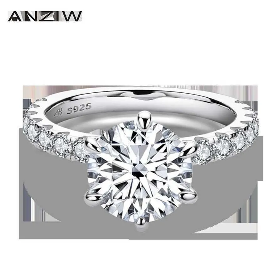 Anziw 925 STERLING Silver 4CT Round Cut Anneau pour les femmes 6 dents Simulated Diamond Engagement Bague de banque de mariage Jewelry295G