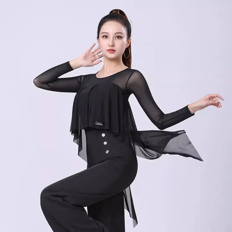 Stage Wear Long Sleeveved Ballroom Dance Oefen kleding voor vrouwen Black Tuxedo Modern Waltz Costumes Professionele Latijnse top