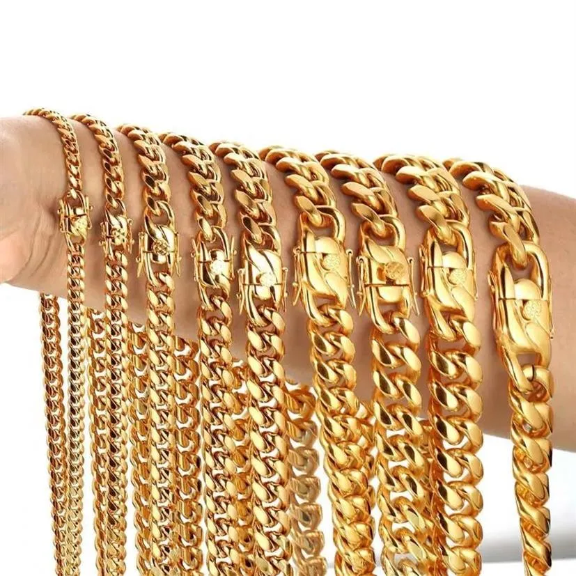 316L Stainless Steel Cuban Link Chain Necklaces Bracelets Hiphoop High Polished 18K Gold Plated Cast Jewelry Sets Choker Chains Me282R