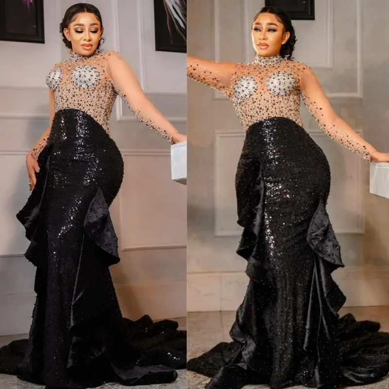 Sparkling Shine Aso Ebi Prom Dress High Neck Long Sleeves Mermaid Illusion Promdress Evening Formal Gowns for Special Occaison Black Women Outfit Engagement AM267