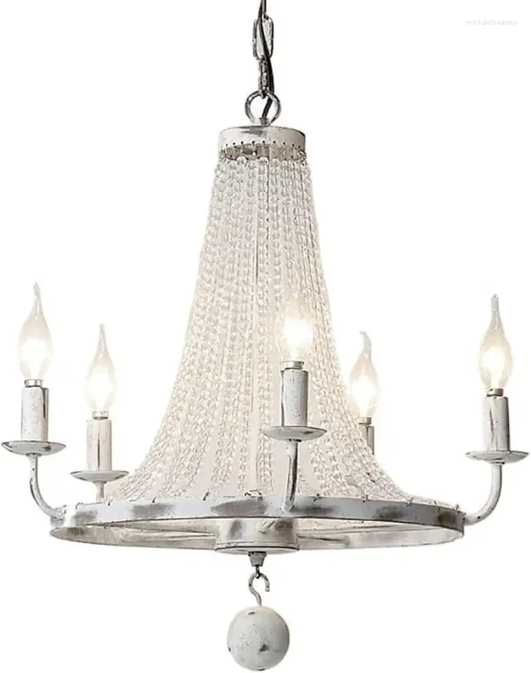 Lustres Shabby chic Chandelier blanc créatif rétro cristal en perles légères et bougies étincelantes en détresse