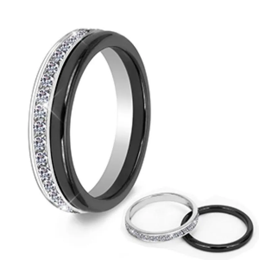 2 pezzi Set classico anello in ceramica nera bellissimo materiale sano antigraffio gioielli per le donne con anello di moda in cristallo Bling2577439