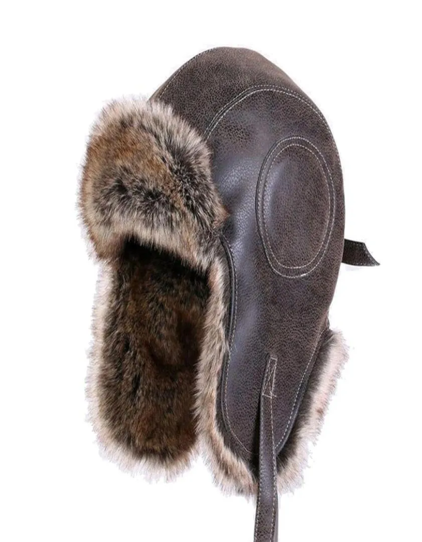 Bomber hattar faux läder päls män vinter varm plysch öronfluka kvinnor039s ryska ushanka trapper hatt flygare trupper snöskidkapslar 7467350