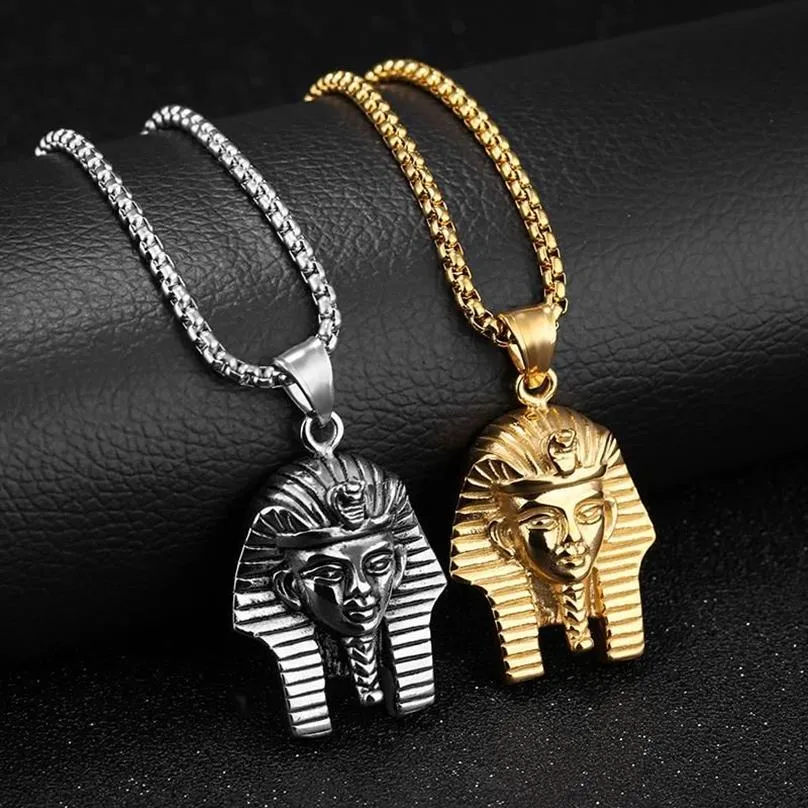 Pendant Necklaces Hip Hop Rock Gold Silver Color Stainless Steel Egyptian Pharaoh Tutankhamun Necklace For Men Jewerly With 24&quo283F