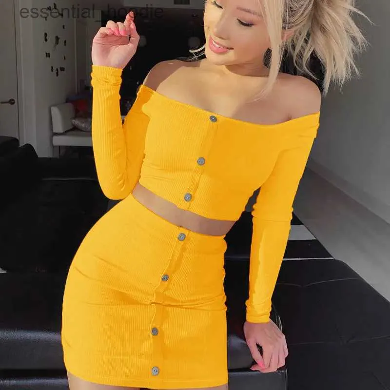 İki parçalı elbise moda trend kadın seksi omuz kapalı set katı düğme bodycon 2 adet Setler Kadınlar Uzun Sle Top ve Etek Yaz Sonbahar Setleri L231225