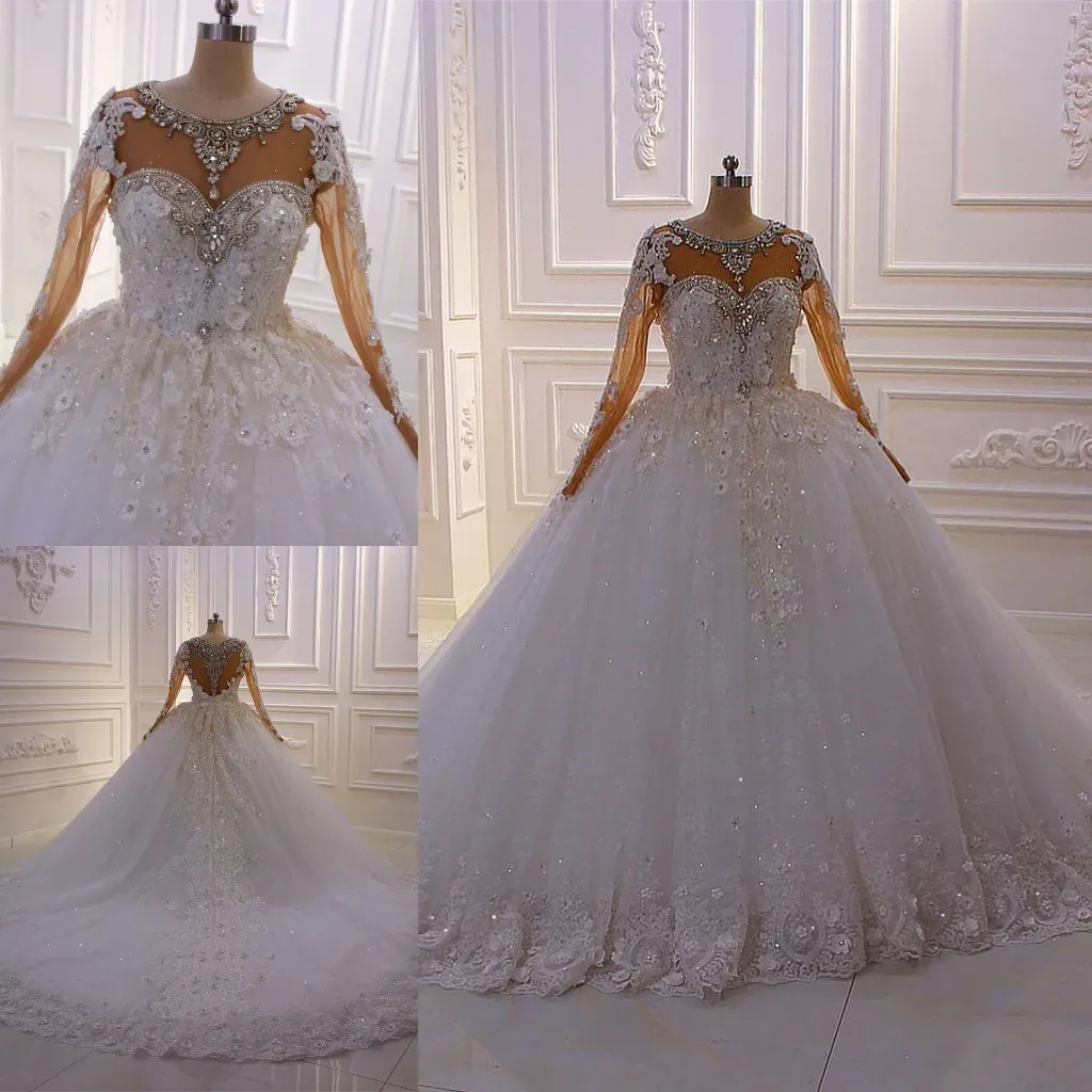 Ballgown Wedding Dress Lace Applique Crystals Beaded Long Sleeves Plus ...