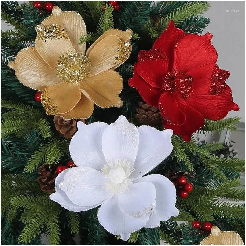 Fleurs décoratives couronnes ya 3pcs décoration de Noël paillettes poinsettia grandes têtes artificielles magnolia ornements de Noël décoration arbre f otule