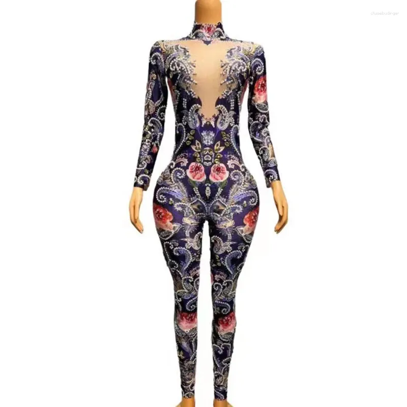 Scenkläder sexig gnistrande silverkristaller pärlor jumpsuit strass bodysuit rose blommönster rompers födelsedag kvällsklubb outfit