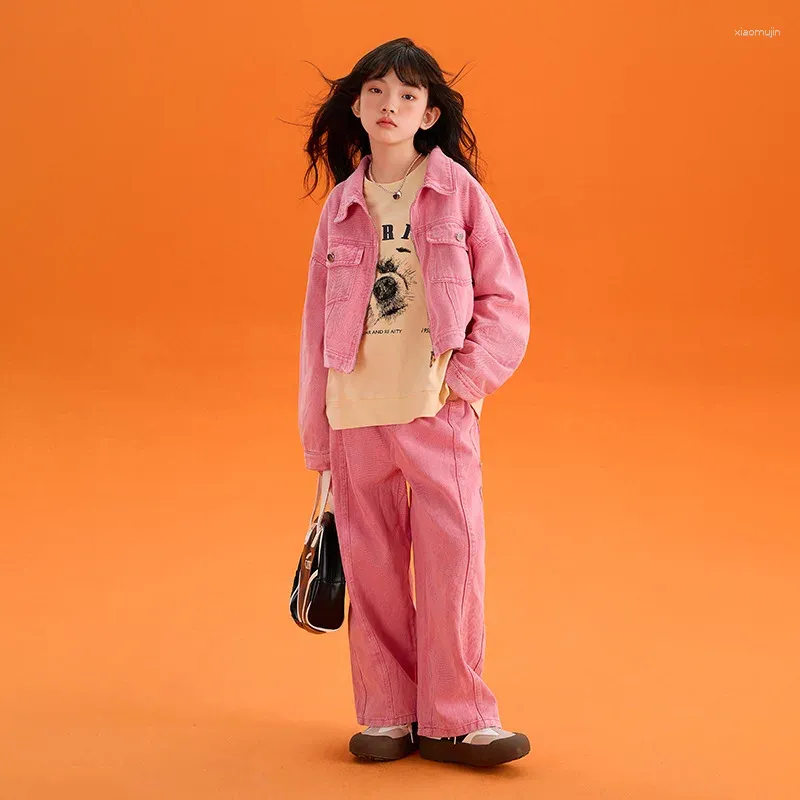 Ensembles de vêtements pour enfants pour filles denim costumes de tenue 8 10 ans automne 2023 jeans de manteau rose deux pièces