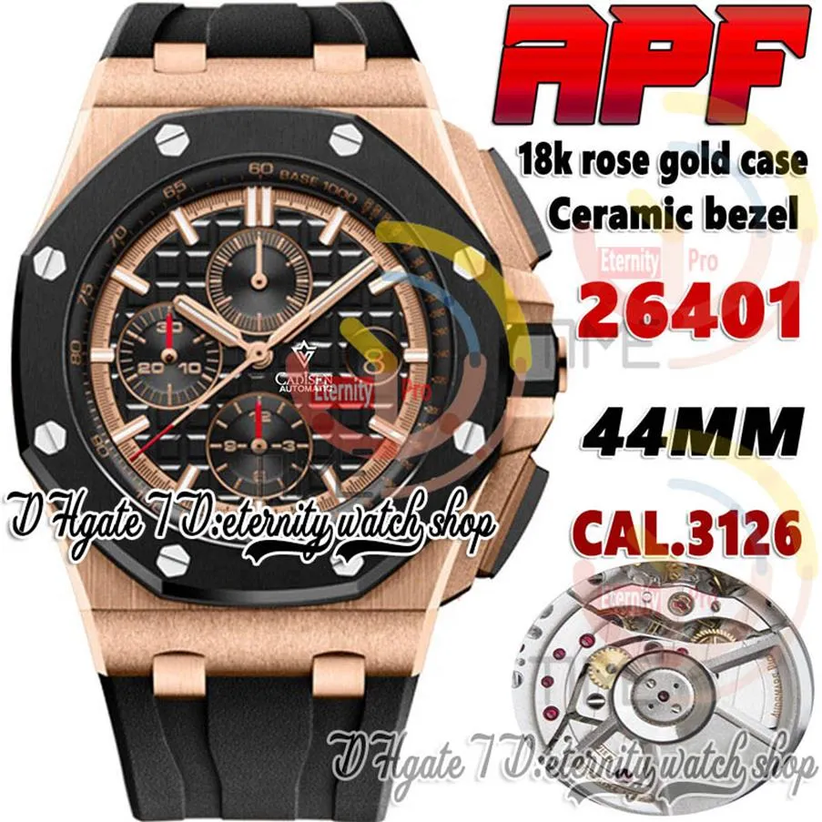 APF APF26401 CAL 3126 A3126 Chronograph Automatic Mens Watch Rose Gold Case céramique Céraque Texture noire Dalle de caoutchouc Super VE358F