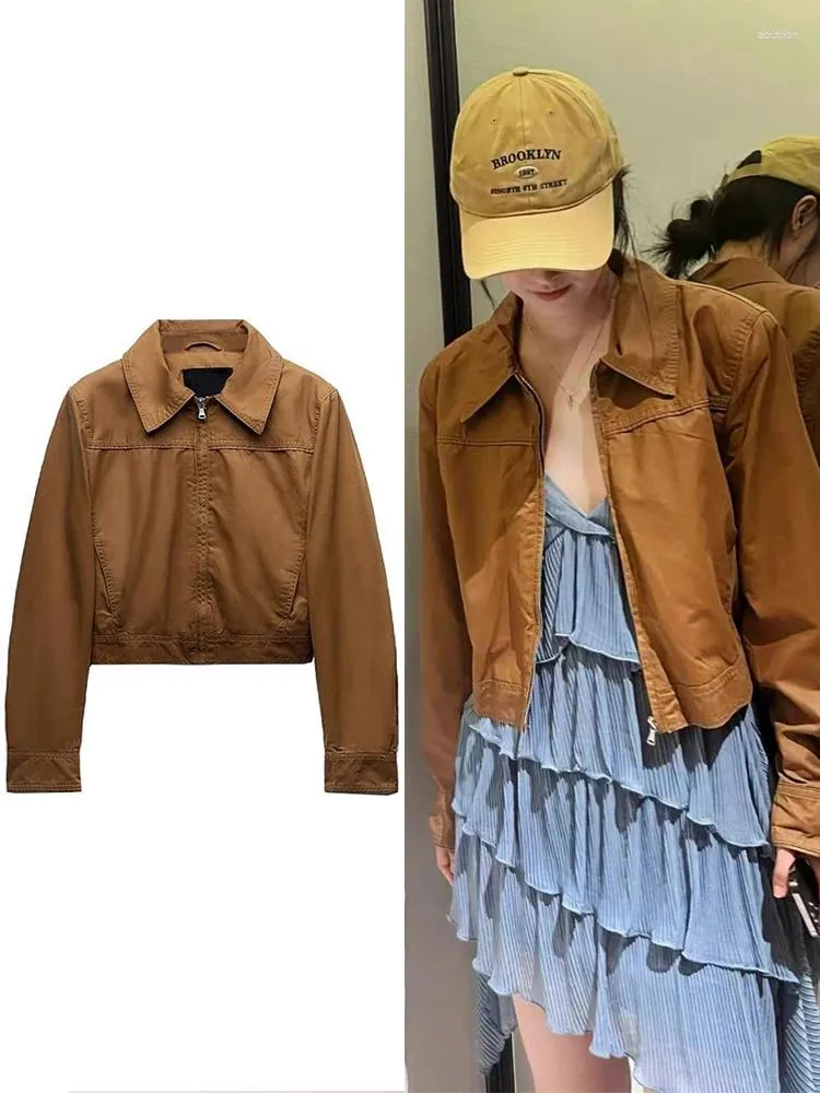Kadın Ceketleri Sonbahar ve Kış Yağı Balmumu Ceket Saf Renk Sıradan Ceket Fermuar Gevşek Cep Kısa Ofis Vintage