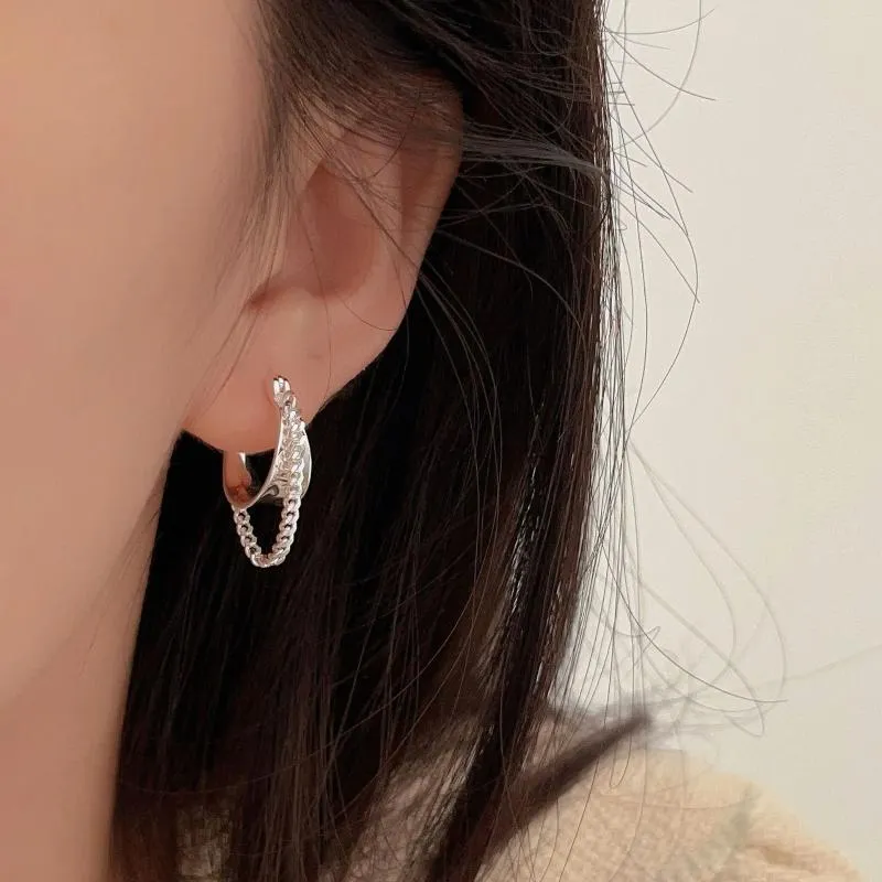 Stud -oorbellen kwastje ketting drop hoop solide s925 sterling zilveren Koreaanse trendy dikke gewone bengige knuffel huggie sieraden voor vrouwen