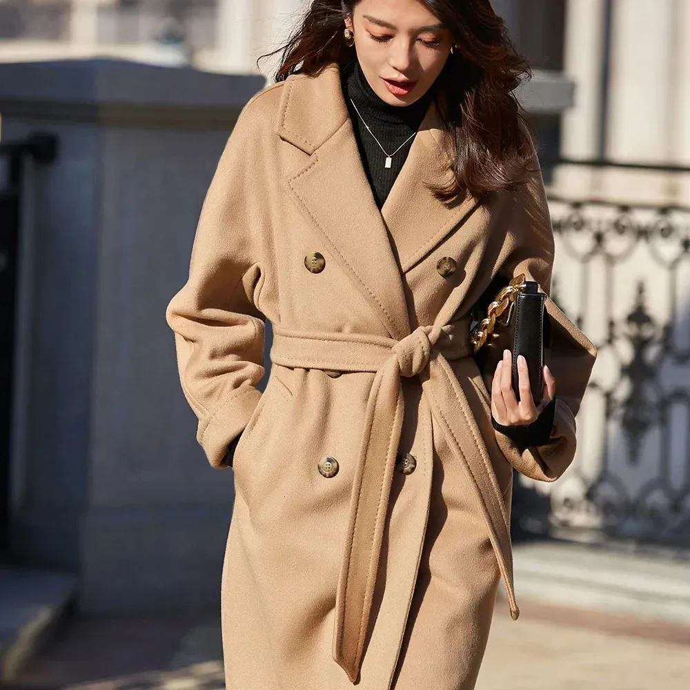 Topp 10% Pure Cashmere Gold Double Face Cashmere Brand Coat Women's Mid Length Luxury Wool Classic Camel Max Coat for Women 231225