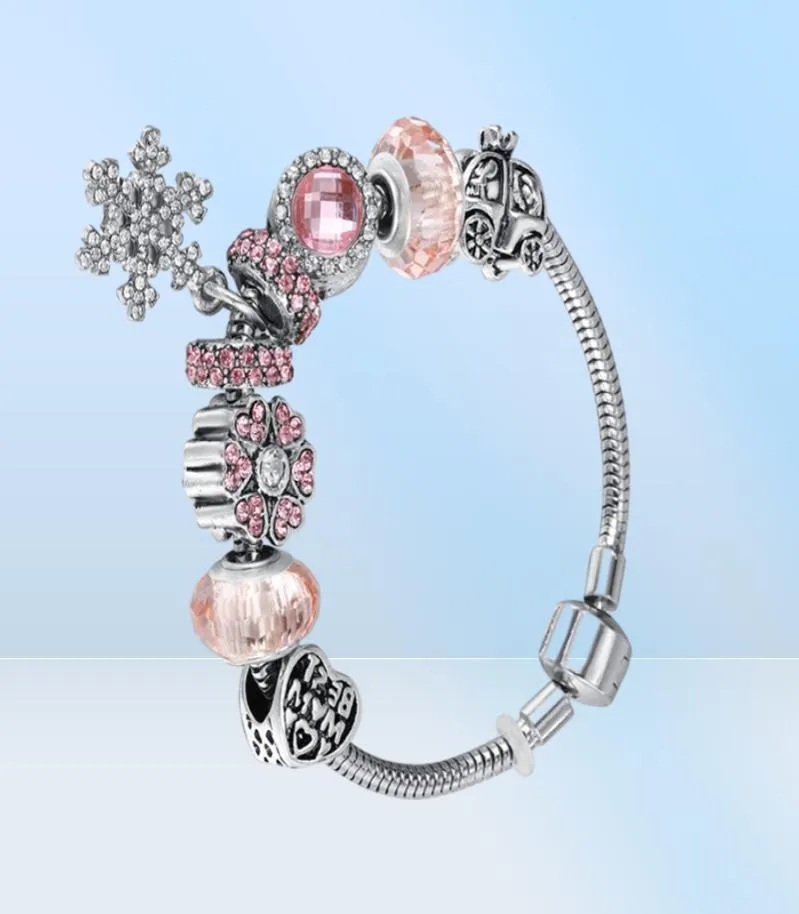 Mode smycken europeiska kvinnor diy charm armband trendiga kristallpärlor snöflinga hänge silver pläterade koppar armband armband för2624939