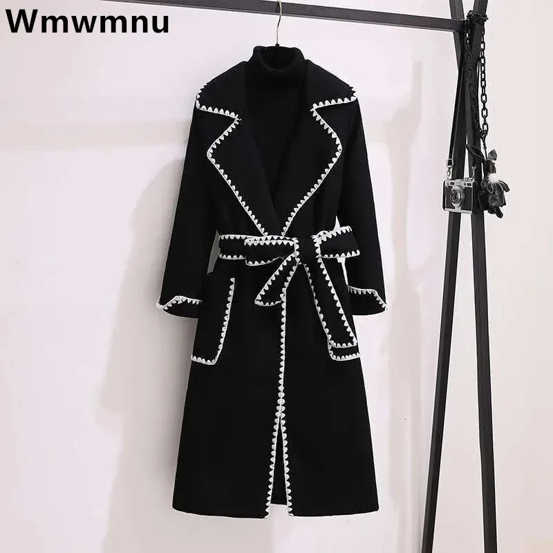 Oversized 4xl Fall Winter Woolen Long Coats Women's Lapel Slim Wool Blend Jackets With Belts Korean Elegant Thick Overcoats 231225