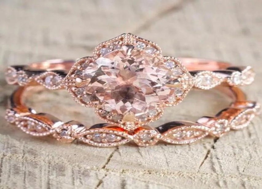2 StuksSet Kristallen Ring Sieraden Rose Goud Kleur Trouwringen Voor Vrouwen Meisjes Gift Engagement Wedding Ring Set8123632