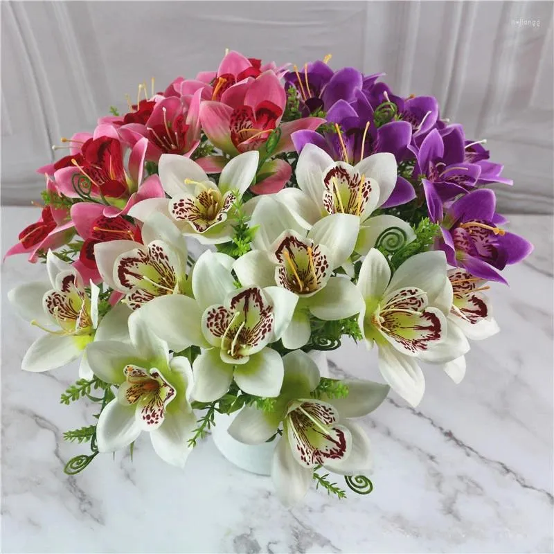 Decorative Flowers 10 Pcs/Bouquet Artificial Orchid Flore White Silk Fake Flower DIY Wedding Back Road Home Desk Vase Accessories Faux