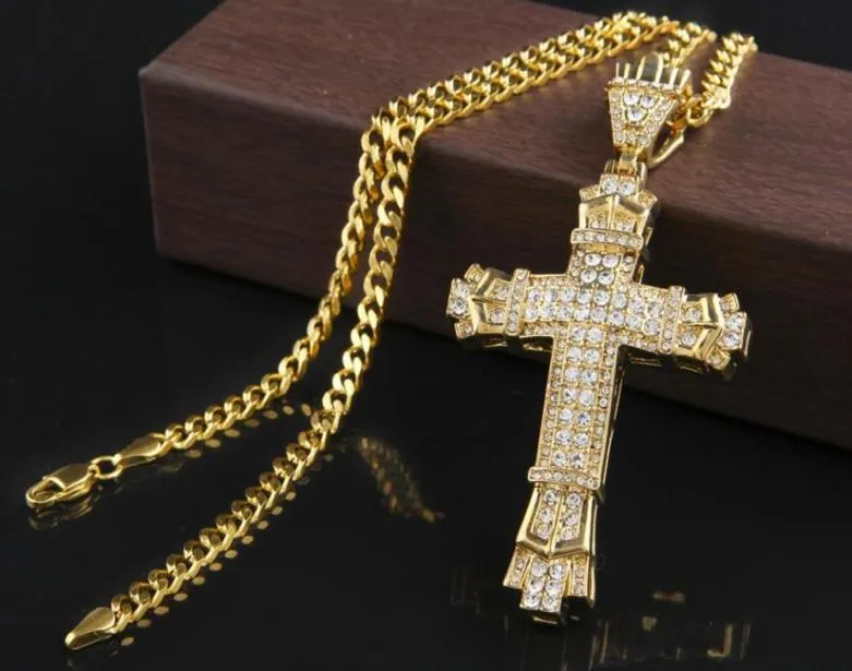 Nouveaux colliers pendentif rétro Chram Cross avec diamants femmes hommes collier hip hop avec longue chaîne cubaine argent et or color3831126