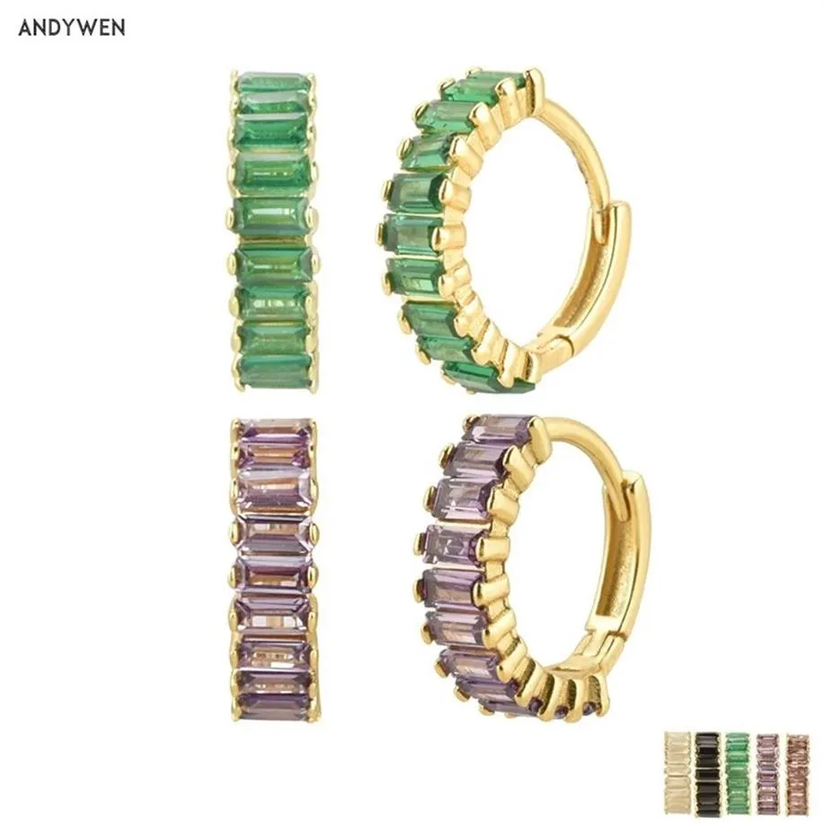 Andywen 100% 925 Srebrny Rainbow Color Hoops Circle Round Earring Piecing CZ Pave Pendiente Ohringe Biżuteria 20092219m