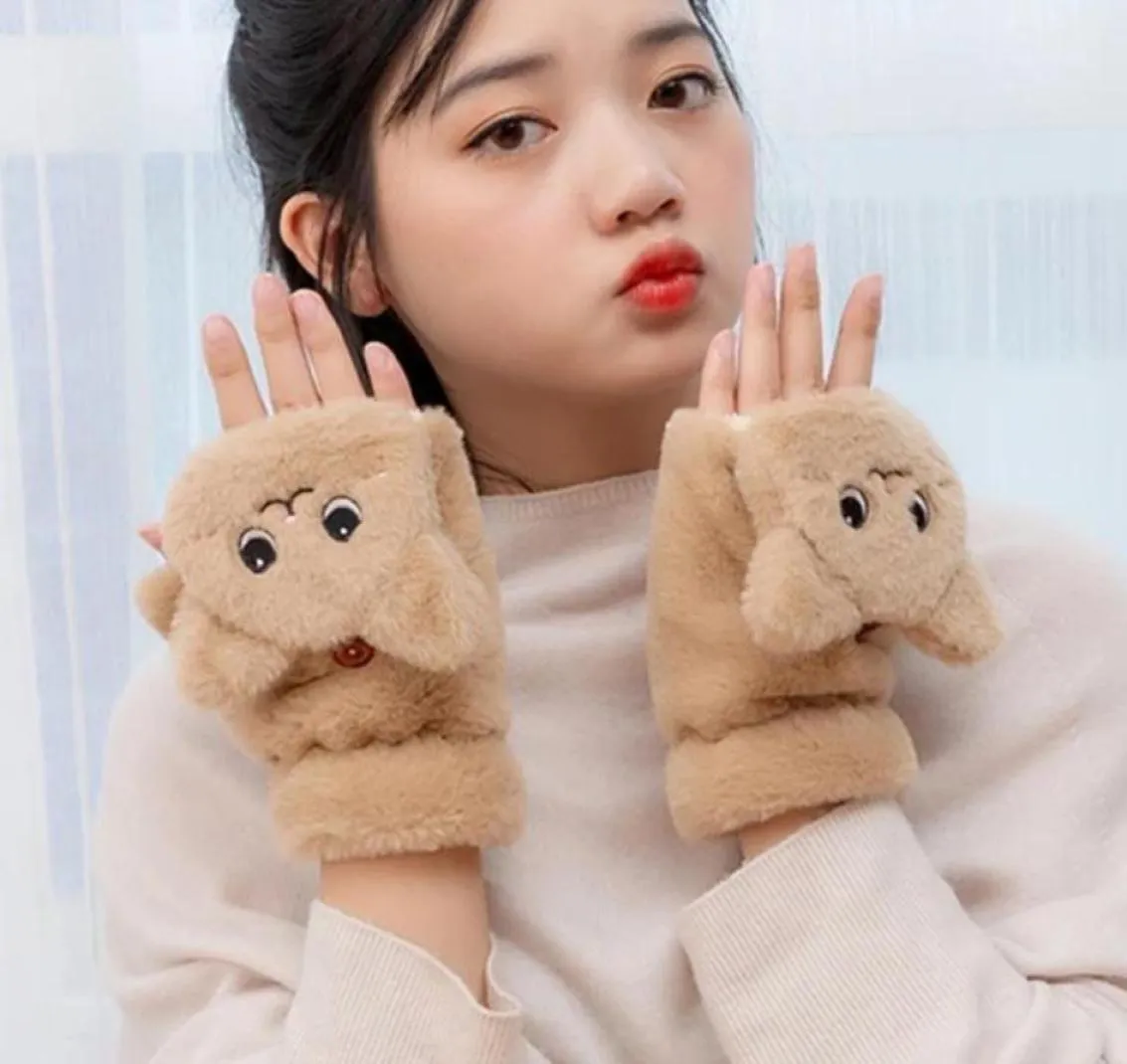 Women Thicken Plush Warm Half Finger Gloves Cute Cat Embroidery Convertible Flip Top Winter Fingerless Touch Screen Mittens14367635