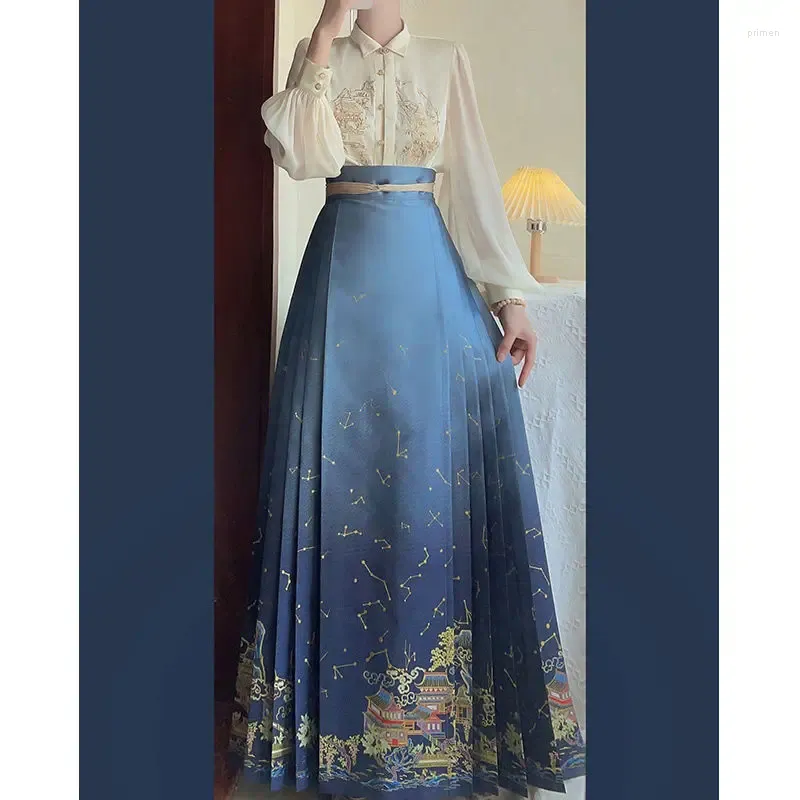 スカート中国スタイルの改造されたハンフは、女性用のエレガントな青いスリムな馬のための女性のための絶妙に印刷されたワンピーススカート