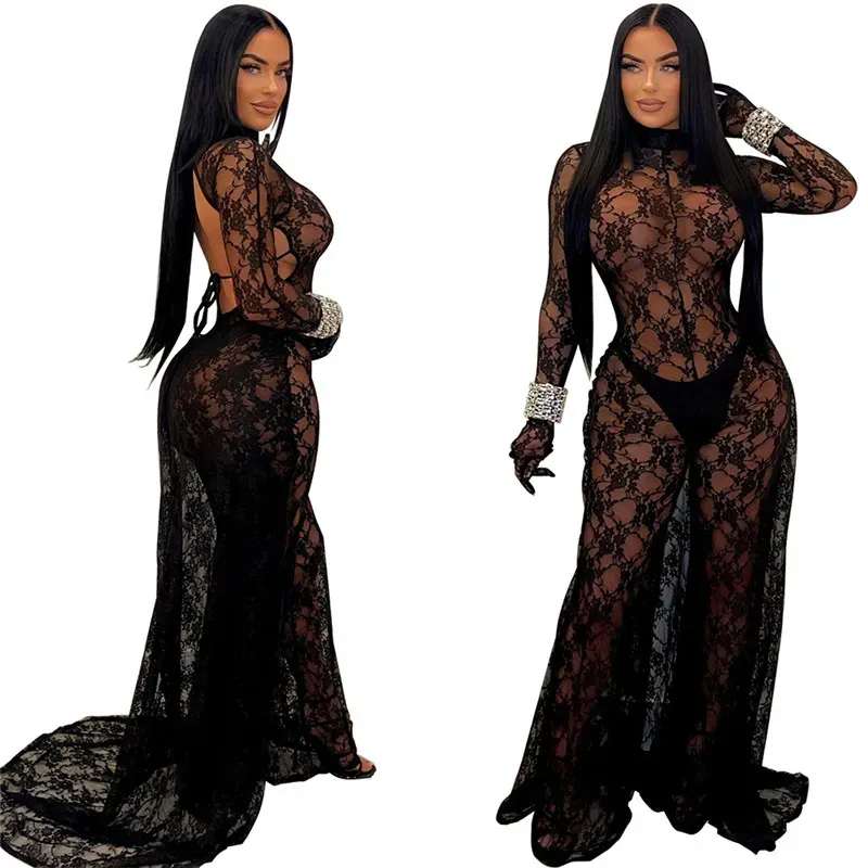 2024 Designer Sexy Hollow Out Jumpsuits Women Backless Sheer Lace Rompers Long Sleeve Wide Leg See Through Jumpsuits Night Club Wear Wholesale Clothes 10446