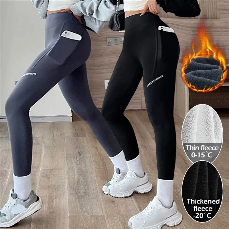 Vinter sammet hajskinn leggings with pocket women gym workout fleece tights fitness yoga byxor hög midja push up shark byxa 231225