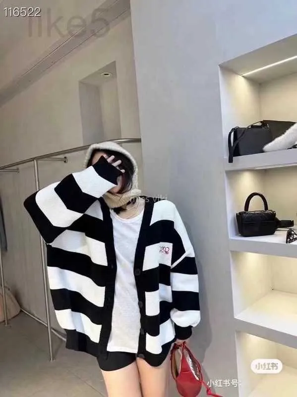 Women's Knits & Tees Designer Brand Black and White Thick Striped Embroidered V-neck Knitted Cardigan for Women Medium Length Casual Large Edition Sweater