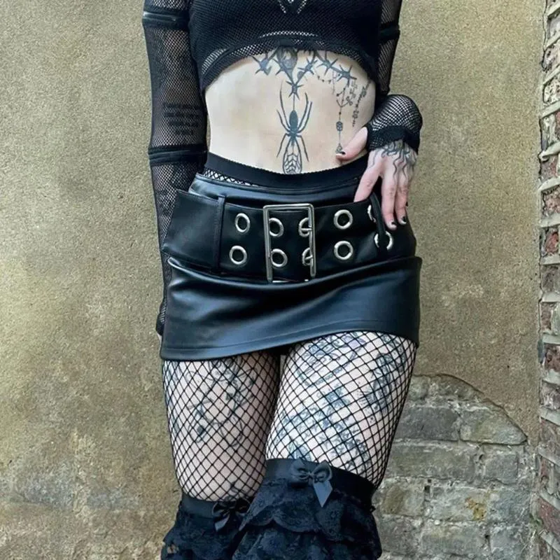 Skirts Women Mini Skirt Gothic Solid Color Girl Dark Style Punk Streetwear Low Waist Wide Belt Hip Hop Clubwear