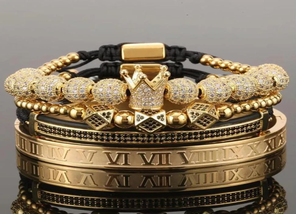 4pcsset Gold Hip Hop Hand Made Bead Armband Men Copper Pave Cz Zircon Crown Roman sifferskälmar Bangles smycken7395369