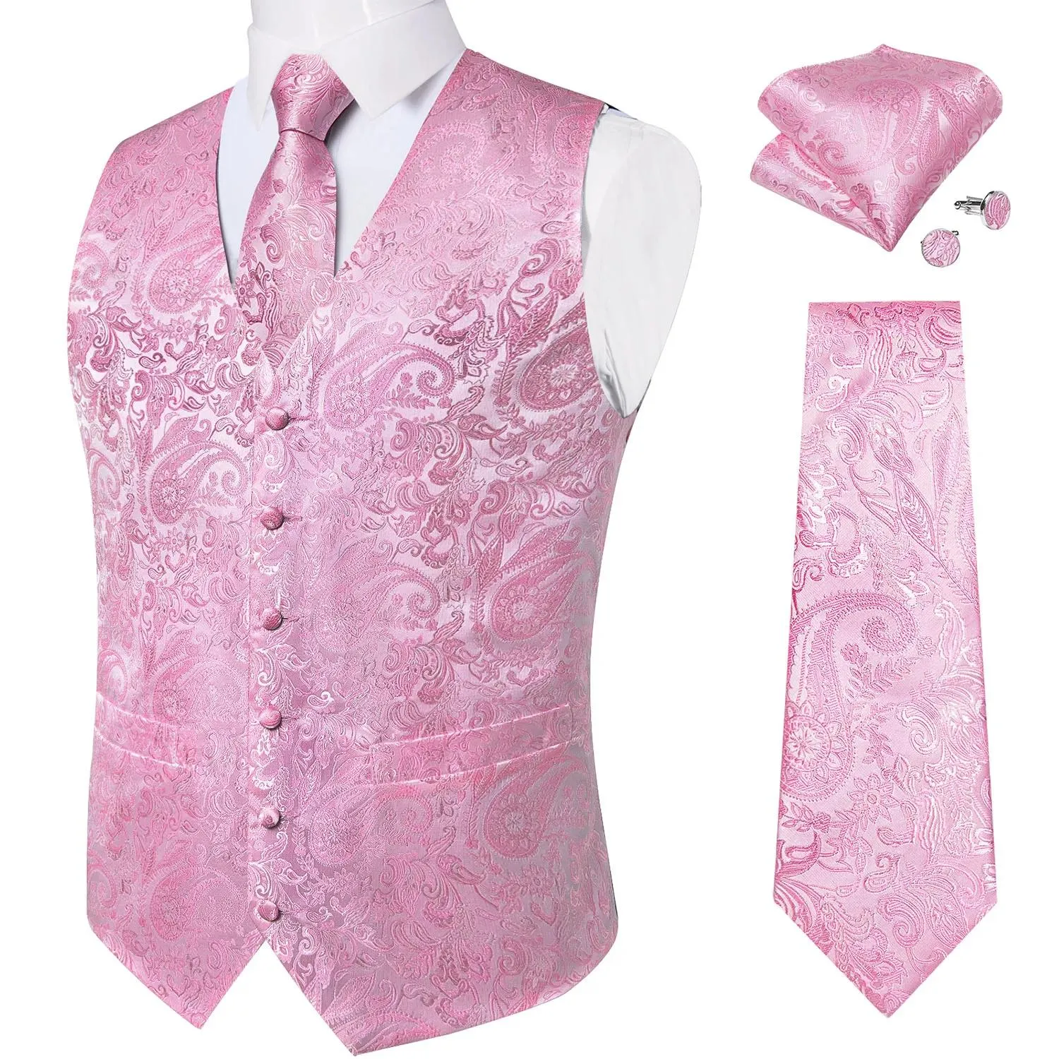 Jackor 2023 Nya rosa Paisley Solid Men's Waistcoat Neck Tie Set Pocket Square Cufflinks Business Wedding Party Tuxedo Silk Vests
