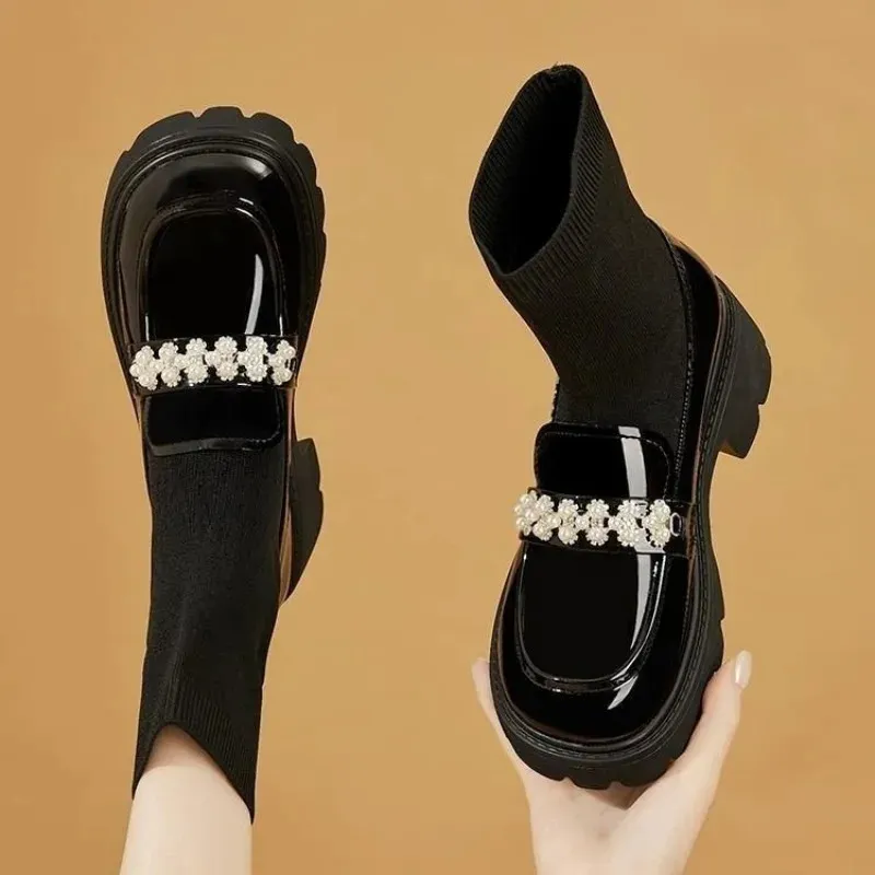 Platforma Chunky Obce Buty Czarne buty Dzianinowe damskie skarpetki Buty Sweet Pearl Design Black Short But 231225