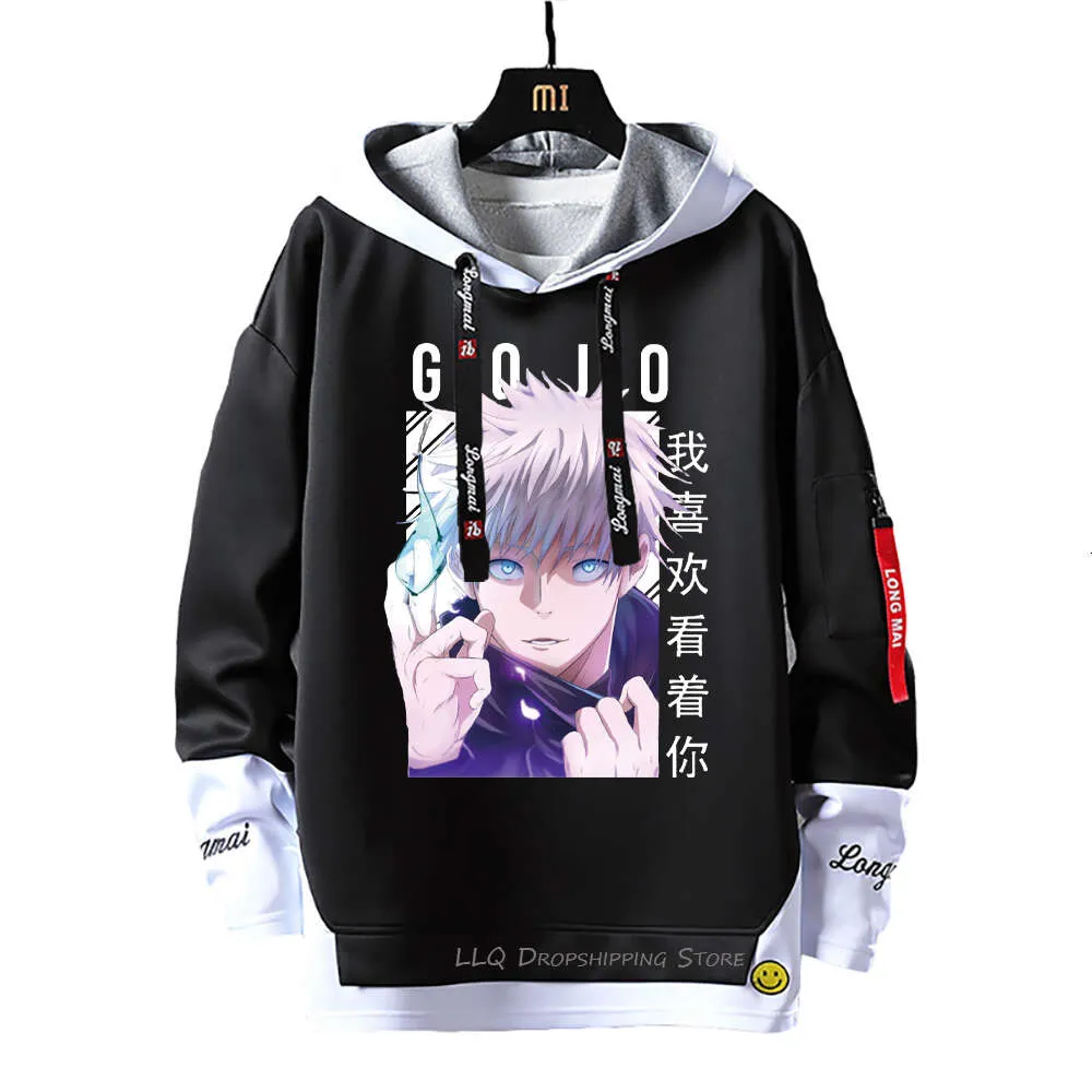 Gojo Satoru hoodie jujutsu kaisen sahte iki parçalı hoodies kurdelekler mektup basılı sweatshirt anime patchwork sweatshirtler sonbahar