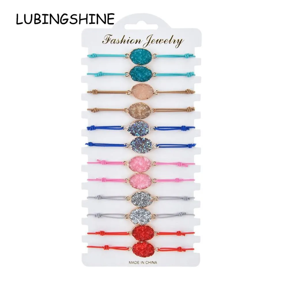 Boho 12pcs ensembles élastiques Stone naturelle Druzy Charmes ovales Bracelet Femmes Girls Girls Chaîne de corde Ajustement Crystal Bijoux de bracelet 335K