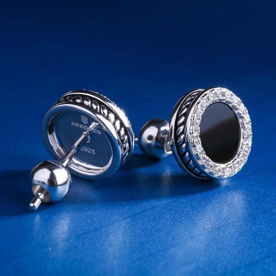Kolejne kolczyki z białym złotem dla mężczyzn czarne onyksowe okrągłe kolczyki biżuterii biodrowe punkowe kolczyki Y12203062