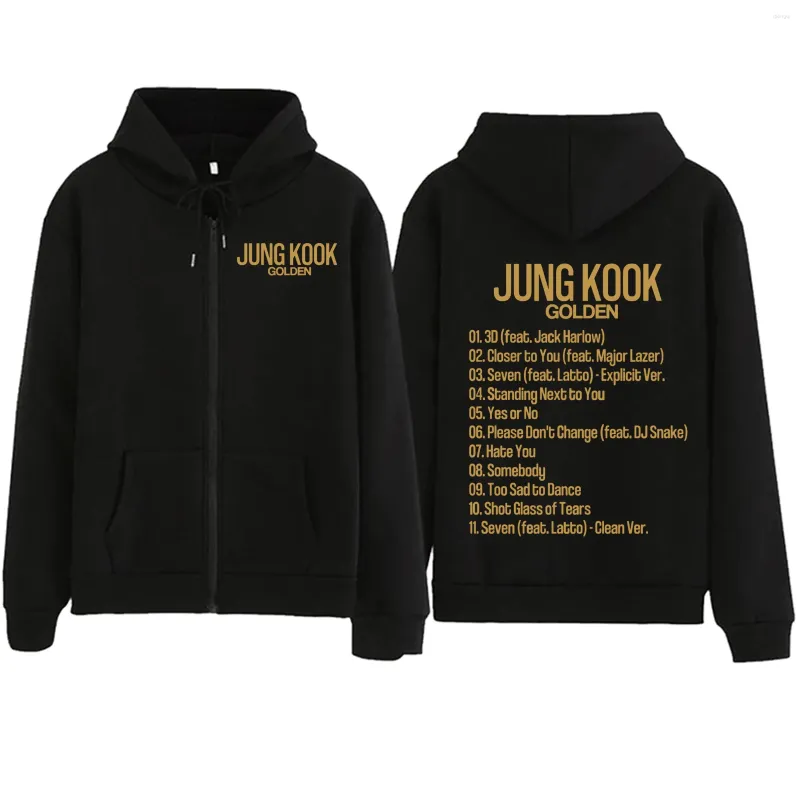 Hoodies masculins Jungkook Kpop Zipper Sweat à capuche Harajuku Golden Sweatshirt Pullover Tops Streetwear Fans Gift