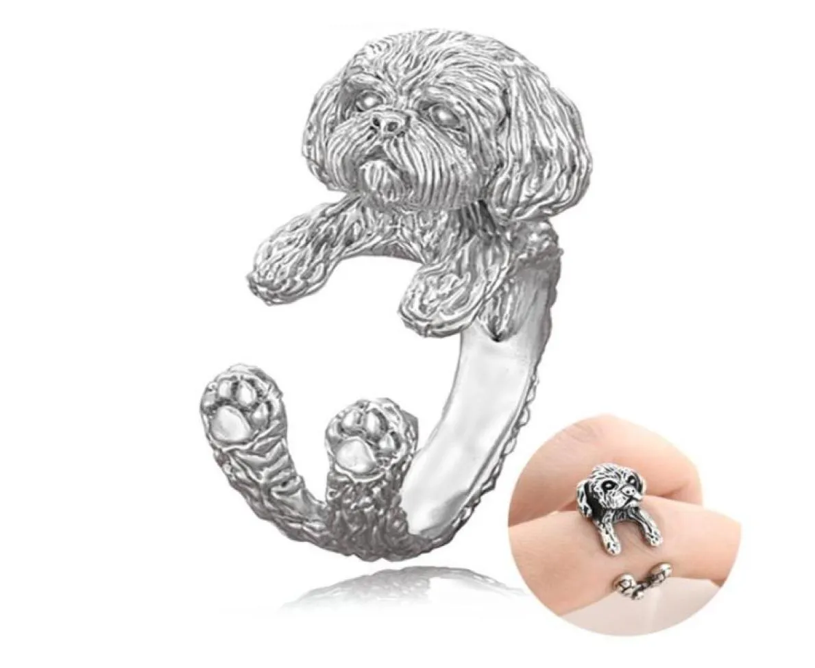 Bagues de cluster Vintage Argent Couleur Boho Mignon Shih Tzu Lhasa Apso Chien Chiots Forme Wrap Anneau Pour Femmes Fille Enfants Cadeau Pet Lover 7062207