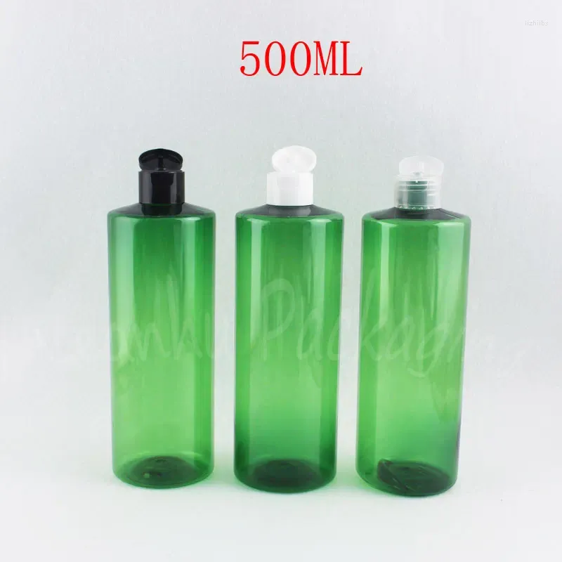 Storage Bottles 500ML Green Plastic Bottle Flip Top Cap 500CC Empty Cosmetic Container Shampoo / Shower Gel Packaging ( 14 PC/Lot )