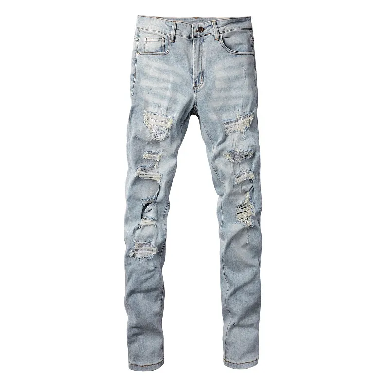 Mens Designer Jeans Distressed Ripped Biker Slim Fit Motorcycle Denim for Men Top Quality Fashion Jean Pants Pour Hommes 6808