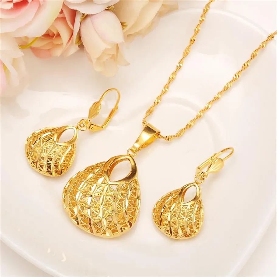 Fashion Bag Pendant Earring Set Women Party Gift Real 24k Yellow Fine Solid Gold Filled Halsbandörhängen Smyckesuppsättningar303Q