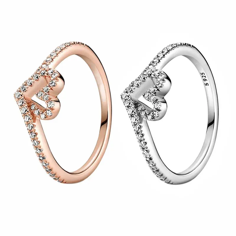 Rose Gold 925 Sterling Silver Wishbone Heart Ring Women Girls Girls Wedding Bijouts pour CZ Diamond Love Rings avec boîte de vente au détail d'origine